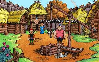 Kajko i Kokosz (DOS) screenshot: At the poisoned well, trying to talk to the wench