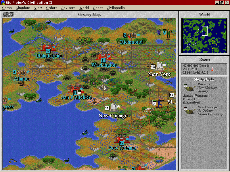 Sid Meier's Civilization II (Windows 16-bit) screenshot: Standard view - two tanks attacking San Francisco