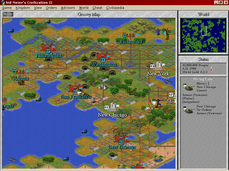 Sid Meier's Civilization II (Windows 3.x) screenshot: Standard view - two tanks attacking San Francisco