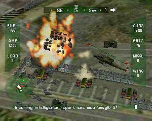 Nuclear Strike (Nintendo 64) screenshot: Cobra chopper taking care of business in the DMZ.