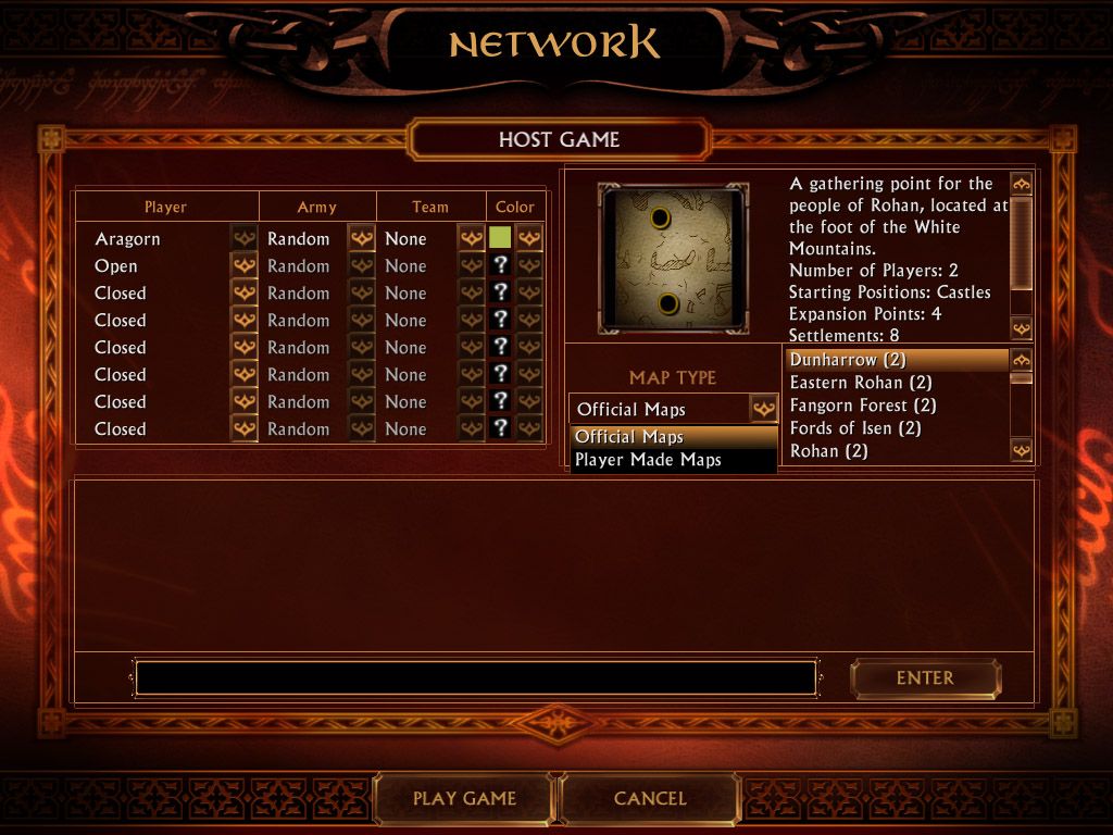 The Lord of the Rings: The Battle for Middle-earth (Windows) screenshot: The multiplayer config. screen