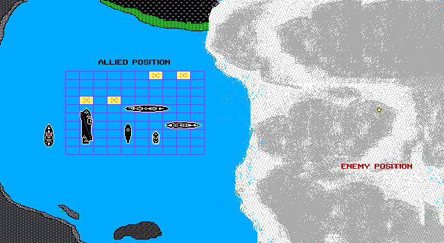 Armada (DOS) screenshot: After the shot is fired the view switches to this. The shell can be seen flying from the fleet to the enemy position then a shell can be seen coming back. There's a red flash if an enemy ship is hit