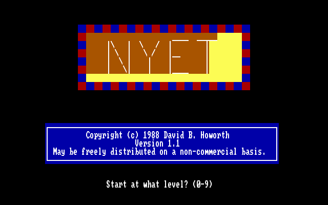 Nyet (DOS) screenshot: Title screen doubling as the main menu