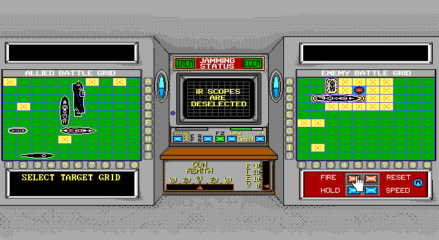 Armada (DOS) screenshot: In this game mines were allowed. One has been hit in the enemy's grid and it has destroyed two ships