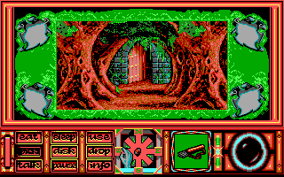 Obitus (DOS) screenshot: Leaving the starting room, and heading into the woods (EGA)