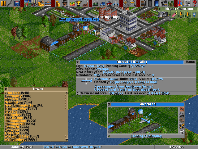 Transport Tycoon Deluxe (DOS) screenshot: Aircraft in the game
