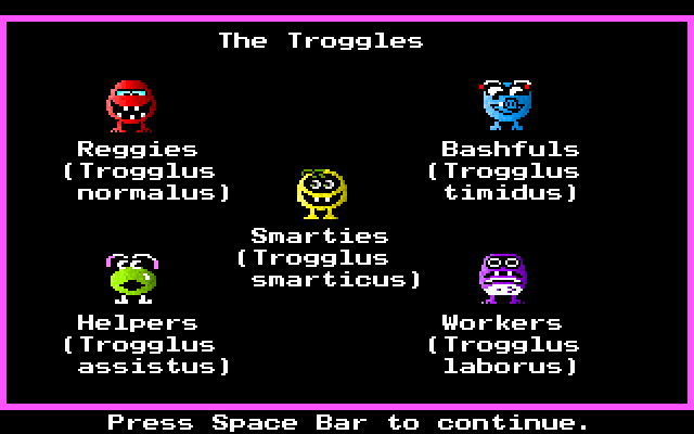 Number Munchers (DOS) screenshot: Characters introduction: The Troggles