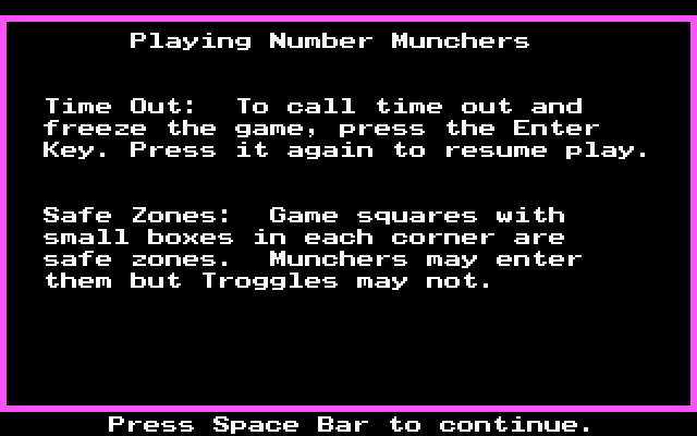 Number Munchers (DOS) screenshot: Instructions