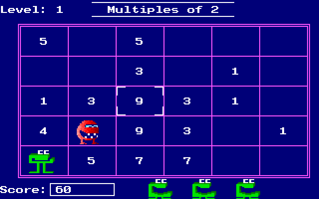 Number Munchers (DOS) screenshot: Munch numbers that fit the multiples displayed at the top. Make sure you don't get munched by the monster though.