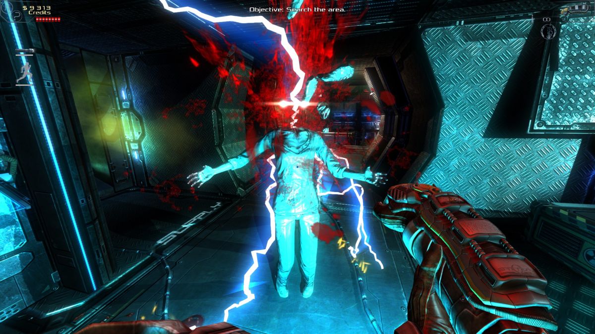 Dead Effect (Windows) screenshot: The stun gun does a lot of damage but can only be used up close and has to recharge between each shot