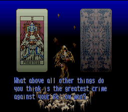 Ogre Battle (SNES) screenshot: These questions along with specific tarots generate your character
