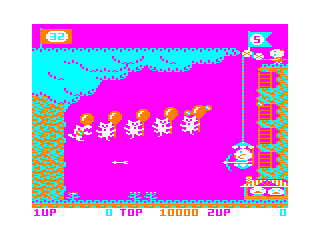 Pooyan (TRS-80 CoCo) screenshot: 1st Level - shoot the wolves before they land on the ground, and sneak into your house