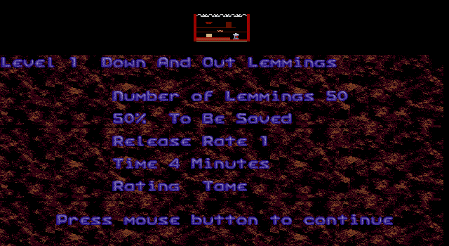 Oh No! More Lemmings (DOS) screenshot: Objective Screen