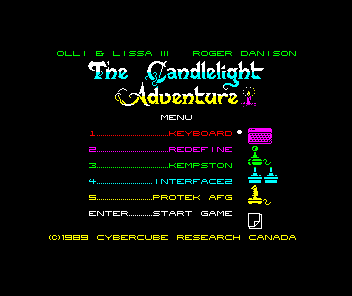 Olli & Lissa 3: The Candlelight Adventure (ZX Spectrum) screenshot: Main menu