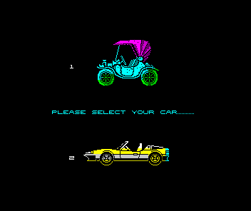 Olli & Lissa 3: The Candlelight Adventure (ZX Spectrum) screenshot: Choose from a vintage or modern car