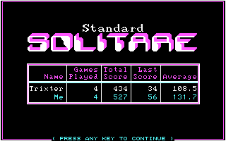 Solitare (DOS) screenshot: The computer and I are playing against each other with the same deck and shuffle. Obviously, I am getting my ass whomped.