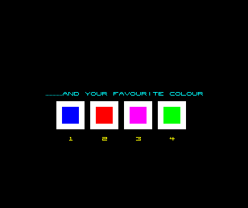 Olli & Lissa 3: The Candlelight Adventure (ZX Spectrum) screenshot: Which colour do you want the in-game car to be?
