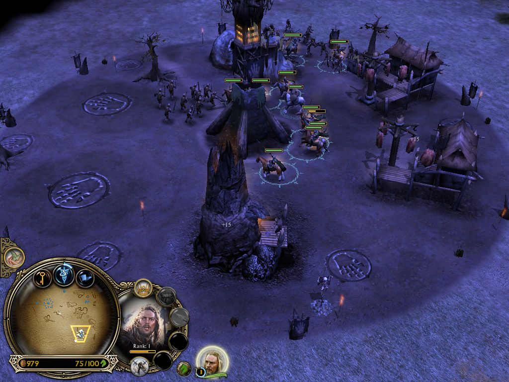 The Lord of the Rings: The Battle for Middle-earth (Windows) screenshot: Raiding an enemy camp while the sun sets in.