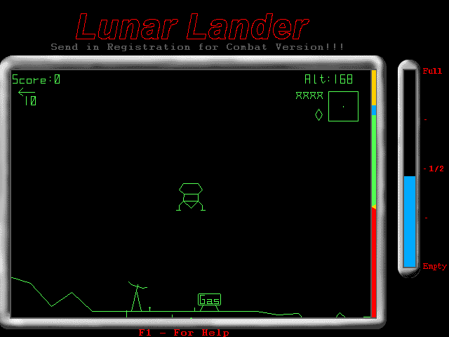 Lunar Lander (DOS) screenshot: Coming in for a landing<br>The craft must touch down softly between the two stick like things that are between the radar dish and the gas tank