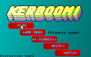 Kerboom! (DOS) screenshot: The game's title screen <br><br>Evaluation copy