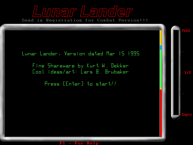 Lunar Lander (DOS) screenshot: The game's title screen<br><br>Shareware version