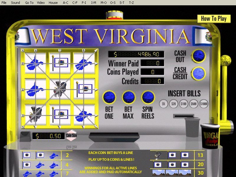 Vegas Jackpot Gold (Windows) screenshot: West Virginia pays out on eight lines
