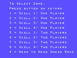 Omega Race (ColecoVision) screenshot: Select game options