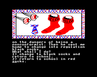 The Secret Diary of Adrian Mole Aged 13¾ (BBC Micro) screenshot: Comply with the school sock dress code or start a revolution?