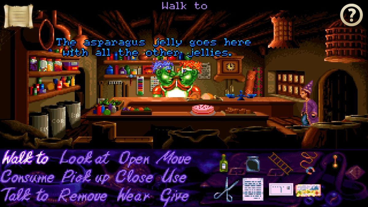 Simon the Sorcerer (Android) screenshot: Two-headed seller always finds the dialogue topic in the town shop