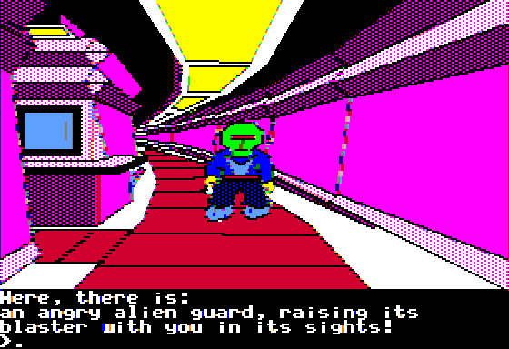 Oo-Topos (Apple II) screenshot: There is an alien here... (Double Hi-Res mode)