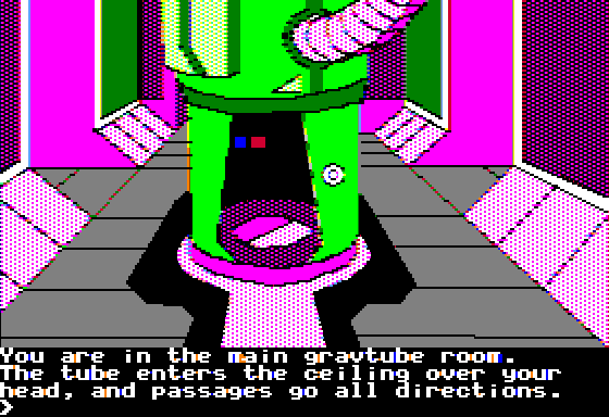 Oo-Topos (Apple II) screenshot: Hmm, a gravtube. (Double Hi-Res mode)