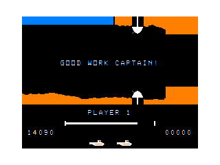 Sea Dragon (TRS-80 CoCo) screenshot: The game talks to you when you win, too..."Good work captain!"