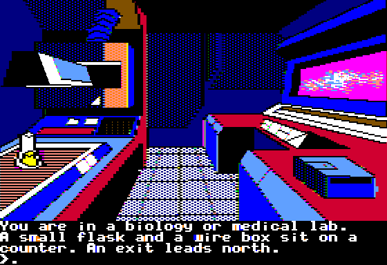 Oo-Topos (Apple II) screenshot: A biology or medical lab? (Double Hi-Res mode)