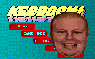 Kerboom! (DOS) screenshot: This is the head of the bad guy, and probably the head of the game's developer. It seems to appear randomly at the game's menu and just grows and grows<br><br>Evaluation copy
