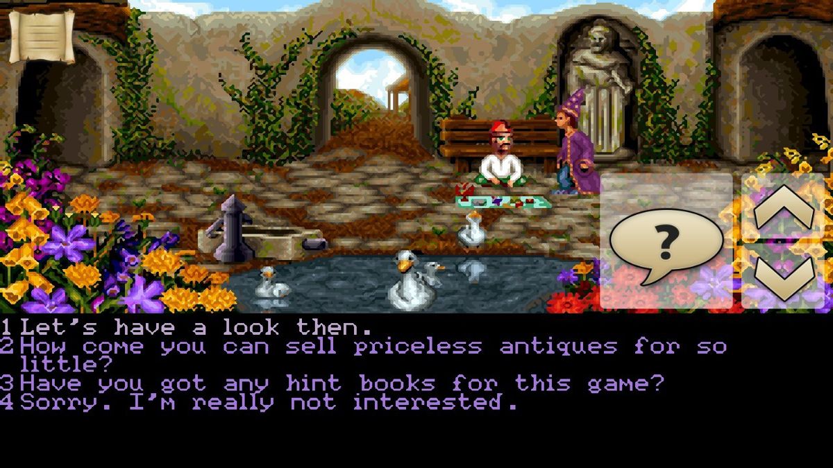 Simon the Sorcerer (Android) screenshot: Talking with an Oriental trader on the town square
