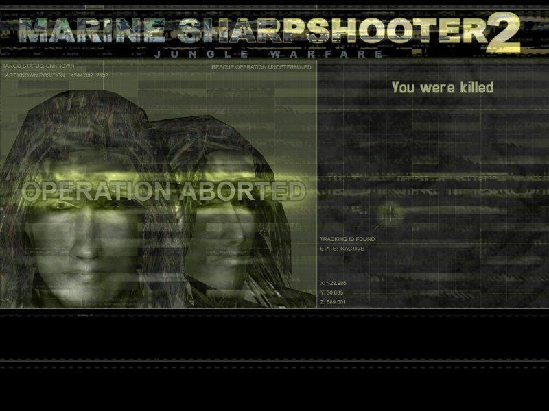 Marine Sharpshooter II: Jungle Warfare (Windows) screenshot: Once your armor is gone, a single shot kills you regardless of your "health". Get ready to see this screen a lot.