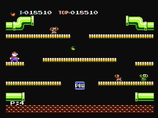 Mario Bros. (NES) screenshot: Watch out for fireballs and giant crabs