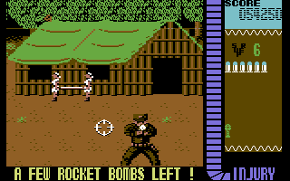 Operation Wolf (Commodore 64) screenshot: Uh oh, only a few rocket bombs left!