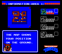 Teenage Mutant Ninja Turtles (NES) screenshot: You can change your turtle anytime during the game.