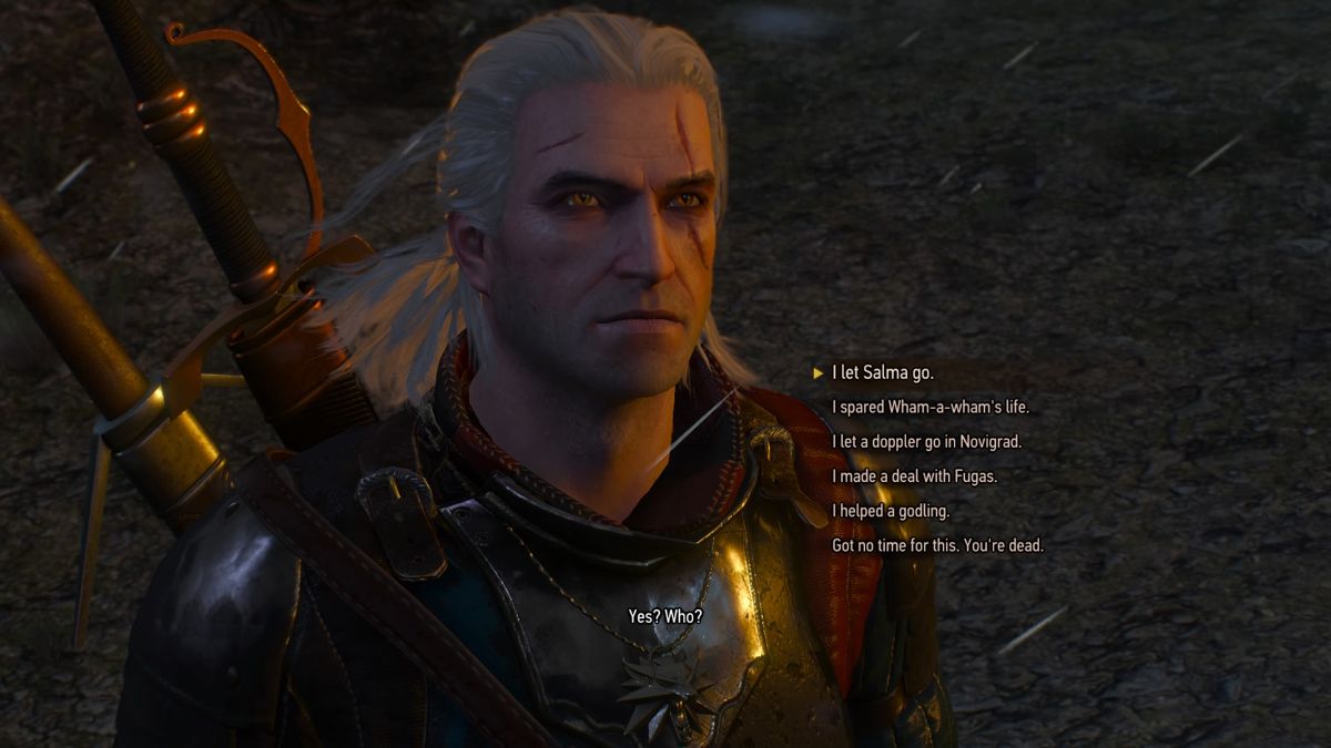 The Witcher 3: Wild Hunt - New Quest: "Contract: Skellige's Most Wanted" (PlayStation 4) screenshot: Geralt can defend himself by naming monsters he's helped, even those from other DLCs (notice Wham-a-Wham is troll from Missing Miners contract Geralt decided to spare)
