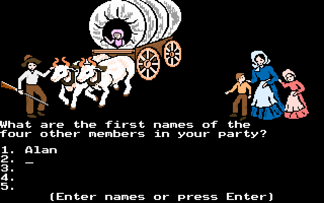 The Oregon Trail (DOS) screenshot: Naming yourself and your four loyal minions