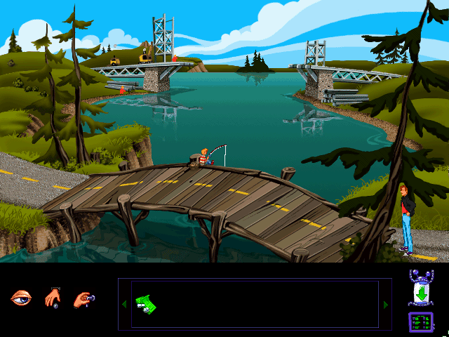 Orion Burger (DOS) screenshot: The town's bridge is being built