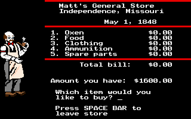 The Oregon Trail (DOS) screenshot: Shopping in the old west
