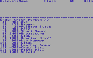 Oubliette (Commodore 64) screenshot: Equip your characters...