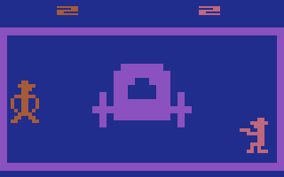 Outlaw (Atari 2600) screenshot: A game with the stagecoach as an obstacle