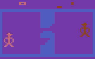Outlaw (Atari 2600) screenshot: A two player game with the breakable wall