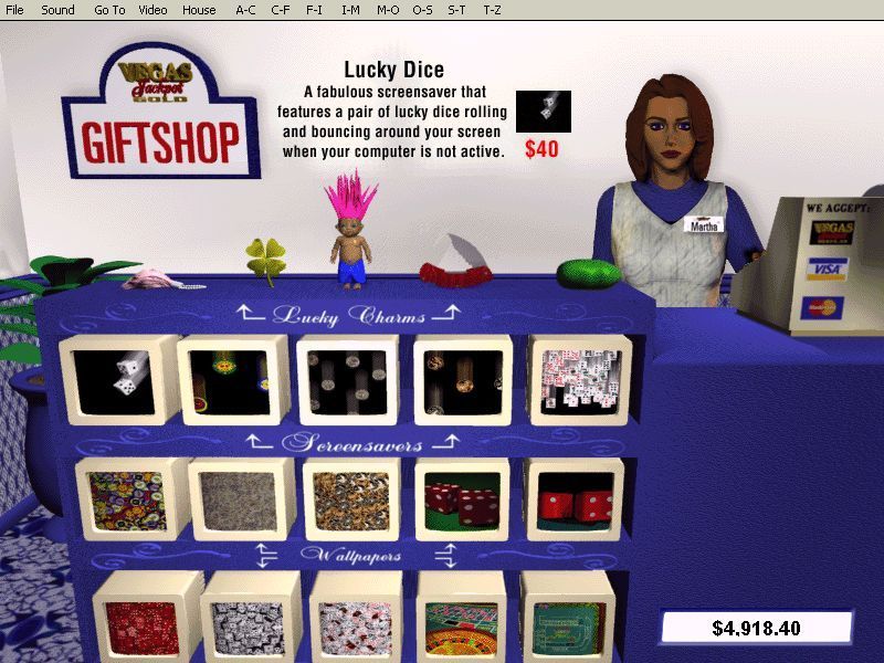 Vegas Jackpot Gold (Windows) screenshot: The gift shop. here lucky charms, wallpapers and screensavers can be bought