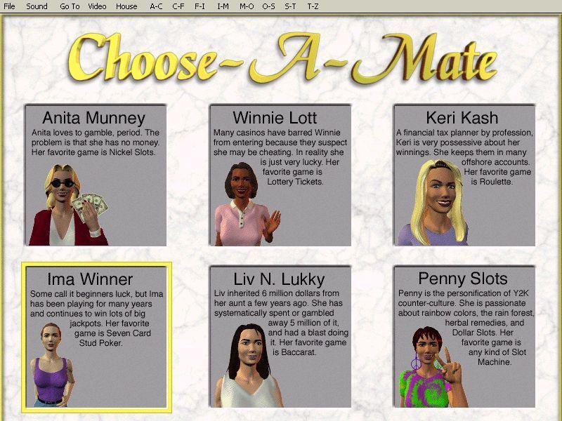 Vegas Jackpot Gold (Windows) screenshot: Why anyone would marry in this game is unclear but these are the lucky/available ladies. It is not known if others become available as the player acquires more money