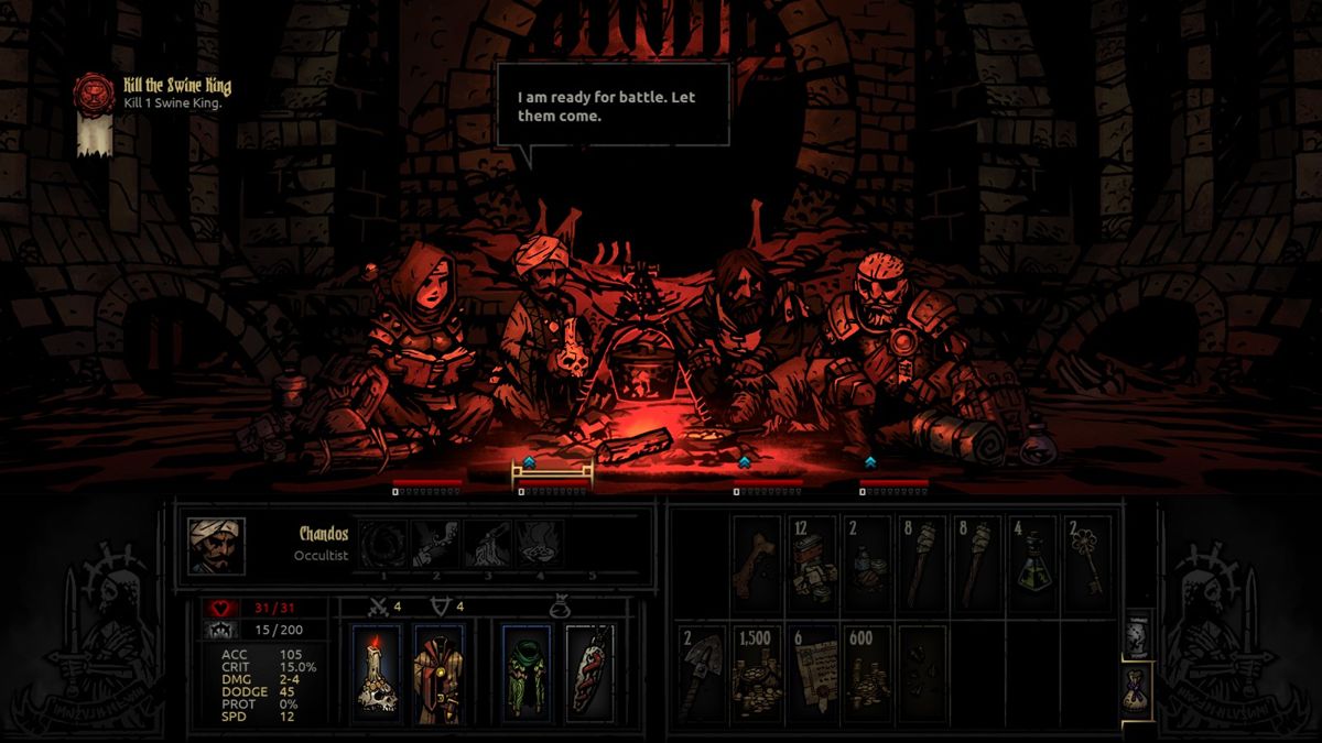 Darkest Dungeon (Windows) screenshot: Gathering ourselves. The blue ^s mean our guys are permanently buffed until the next resting, so it's no secret why Chandos has ramboed up.