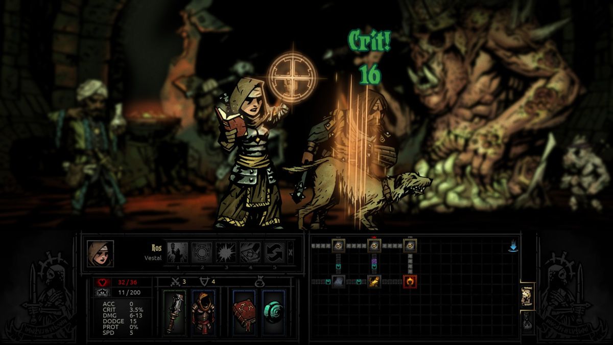 Darkest Dungeon (Windows) screenshot: Ros shows her healing muscle as well. Rargh!